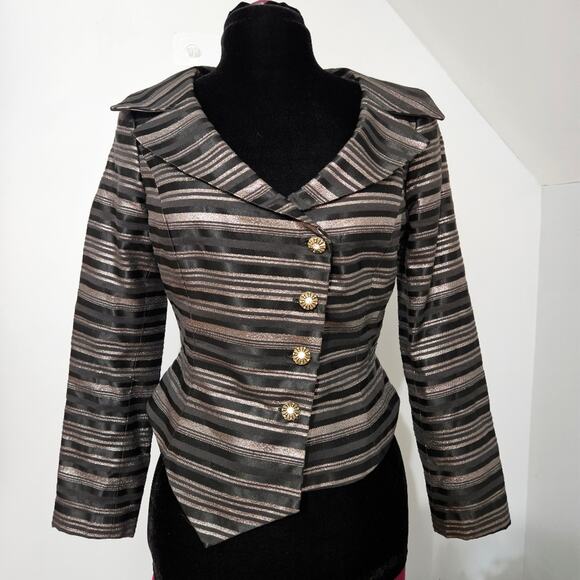 Bibbo Blazer Black Silver Metallic Striped Button Front Asymmetric Hem Jacket 8 - Picture 13 of 13